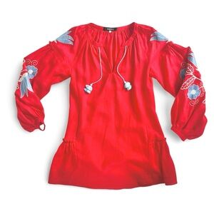 March11 Red Linen Embroidered Ruffle Puff Long Sleeve Mini Shift Dress xsmall
